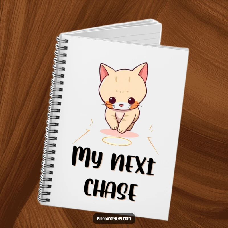 Funny notebook with a kawaii cat playfully chasing a red laser dot across a floor, perfect for jotting notes.