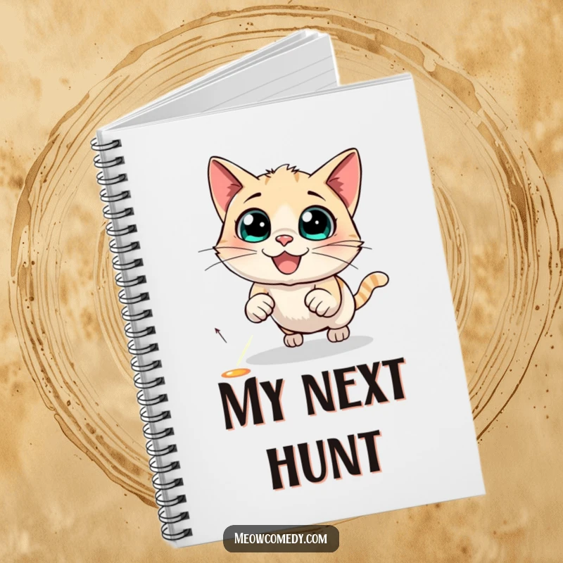 Funny Cat Notebook cover art: a black cat intensely focused on a bright red laser dot, ready to pounce.