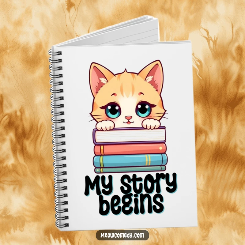 Funny Kawaii Cat Notebook: Cartoon cat peeking over books with curious eyes, perfect for notes.