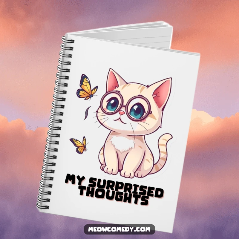 Funny kawaii cat wearing a monocle, looking surprised by a butterfly, designed for elegant and amusing note-taking in a notebook.