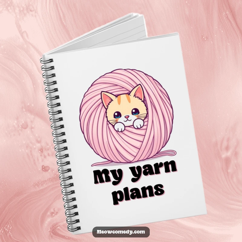 Funny notebook with a kawaii cat peeking from behind a giant ball of yarn, perfect for jotting notes.