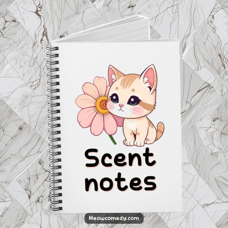 Funny Cat Notebook cover art: a curious cat with wide eyes sniffing a large, vibrantly colored flower.