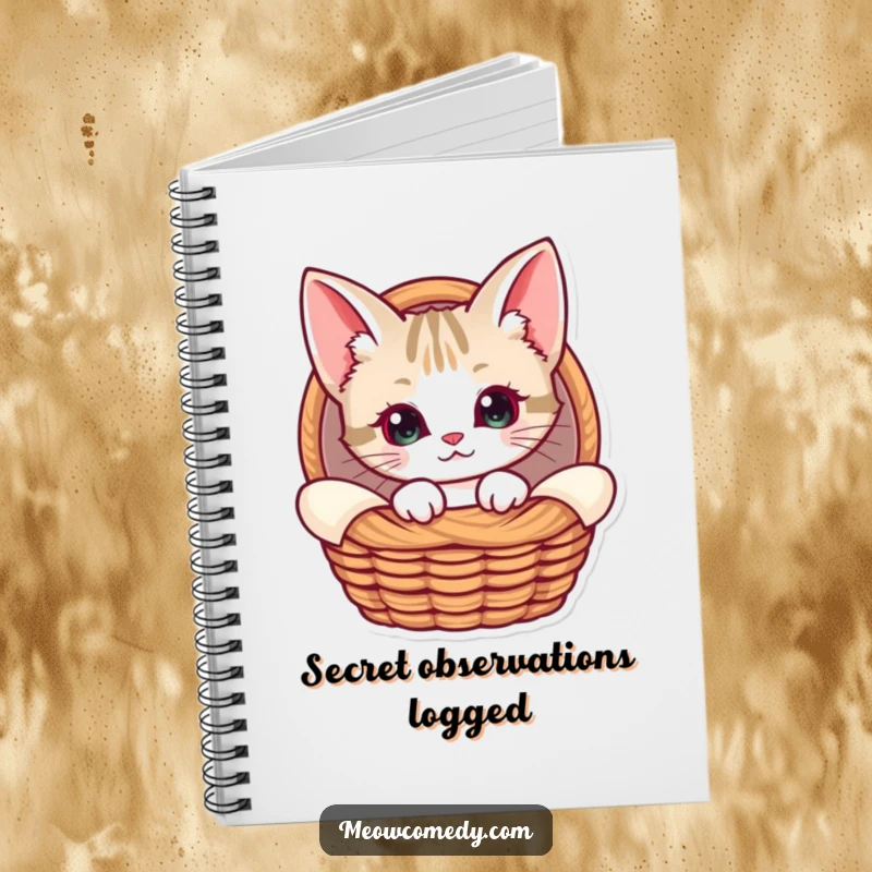 Funny Kawaii Cat Notebook, depicting a cat with oversized ears curiously peeking from a basket, perfect for writing, sketching, and capturing cozy thoughts.