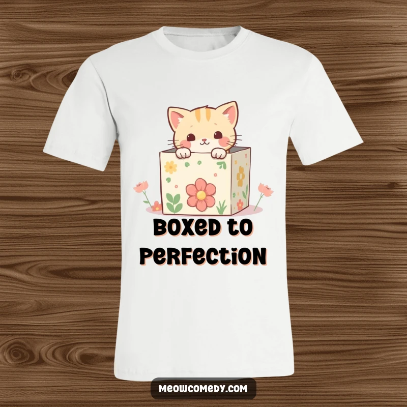 Funny kawaii cat peeking from inside a whimsical, decorated box, a delightful and charming surprise waiting to be discovered on a t-shirt.