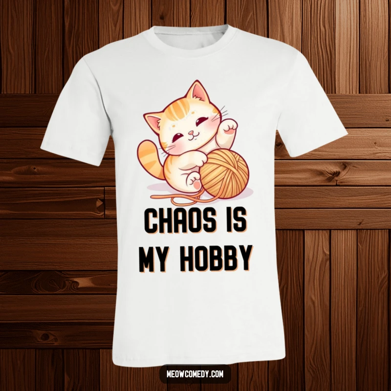 Funny cat yarn t-shirt, hilariously tumbling with a ball of string, embodying playful energy and adorable chaos, perfect apparel.