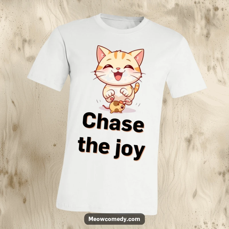 Funny Cat T-Shirt: A cheerful cat with a big grin, energetically pursuing a rapidly bouncing mouse toy.