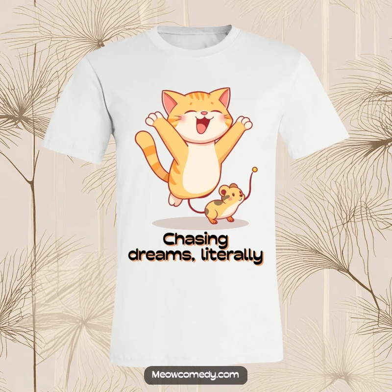 Funny cat, mid-leap, chasing a toy mouse with ecstatic energy, printed on a comfortable t-shirt.