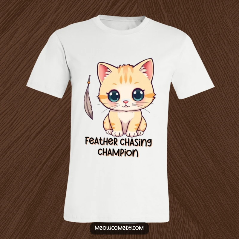 Funny kawaii cat with big curious eyes, joyfully batting at a dangling feather in a playful pose.