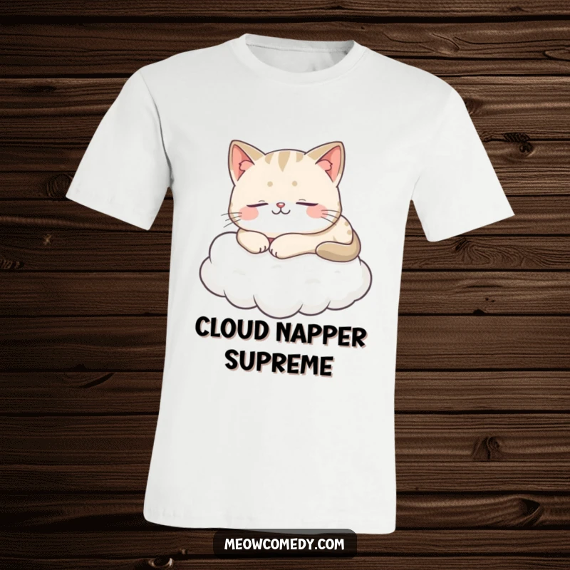Funny Cat T-Shirt featuring a serene cat napping on a fluffy white cloud with a sweet, closed-eye smile.