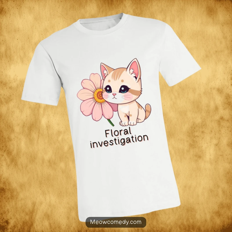 Funny Cat T-Shirt depicting a curious cat with whiskers twitching, sniffing a large, vibrant, multi-colored flower.