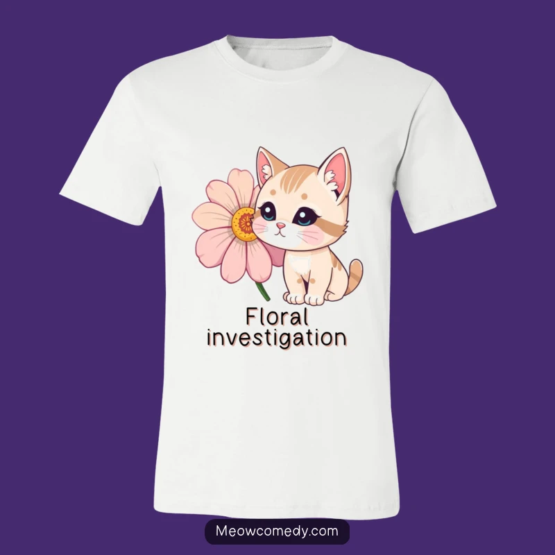 Funny Cat Flower Sniff Tee - Whimsical & Hilarious Feline Exploration Shirt