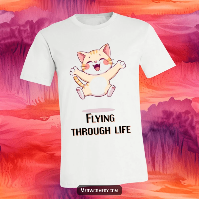 Funny happy cat t-shirt, captured mid-graceful leap with paws outstretched, radiating pure joy and athletic prowess.
