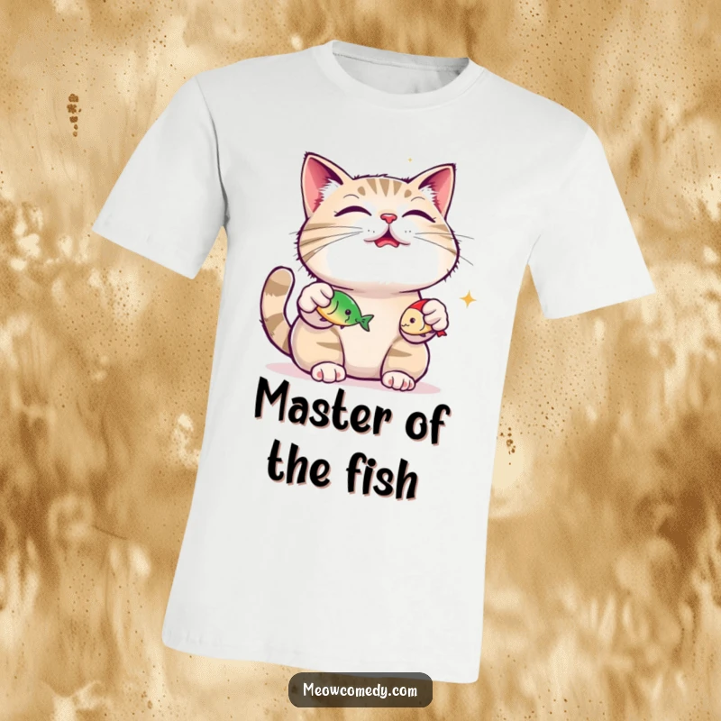 Funny content cat, purring loudly, juggling three small fish toys on a t-shirt, showing skill and happiness, perfect gift.