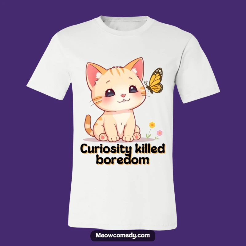 Funny Curious Cat T-Shirt - Perked Ears Kitten Butterfly Watch Tee