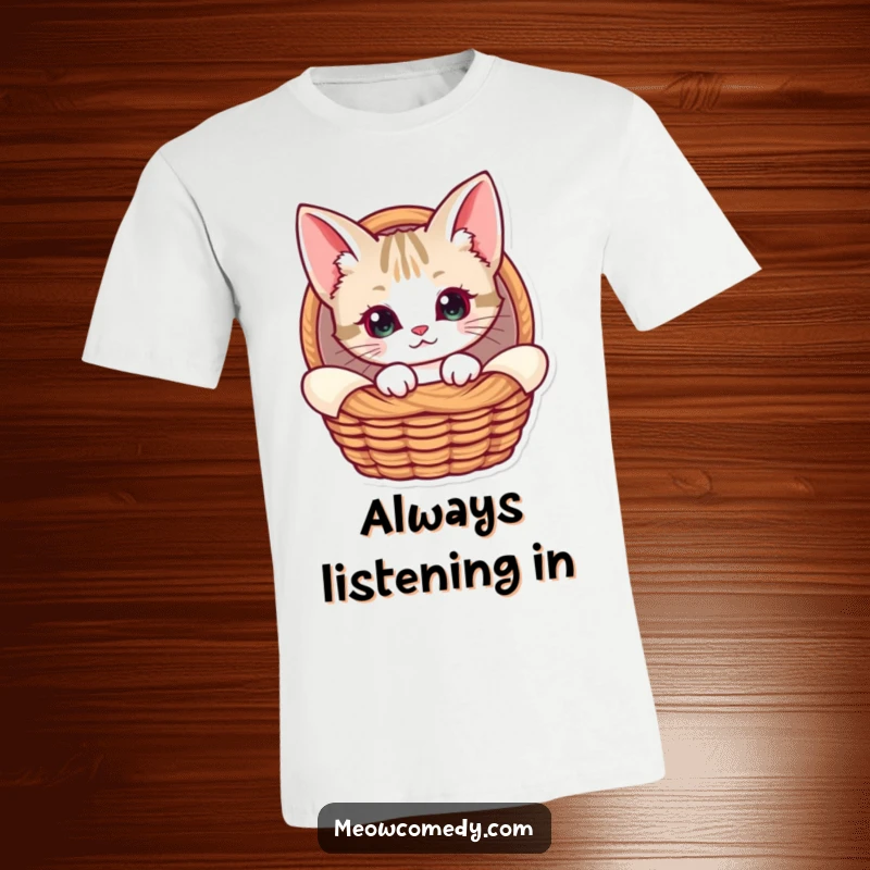 Funny Kawaii Cat T-Shirt, featuring a cat with oversized ears curiously peeking from a soft, inviting basket, embodying comfort and charm.