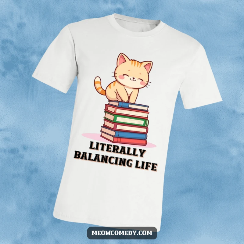 Funny kawaii cat attempting to balance on a wobbling stack of books, a humorous representation of effort.
