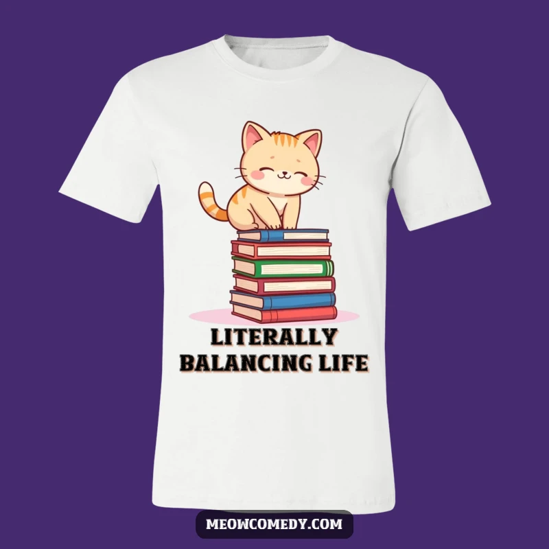 Funny Kawaii Cat Book Balance T-Shirt: Wear Your Studious Struggles Hilariously