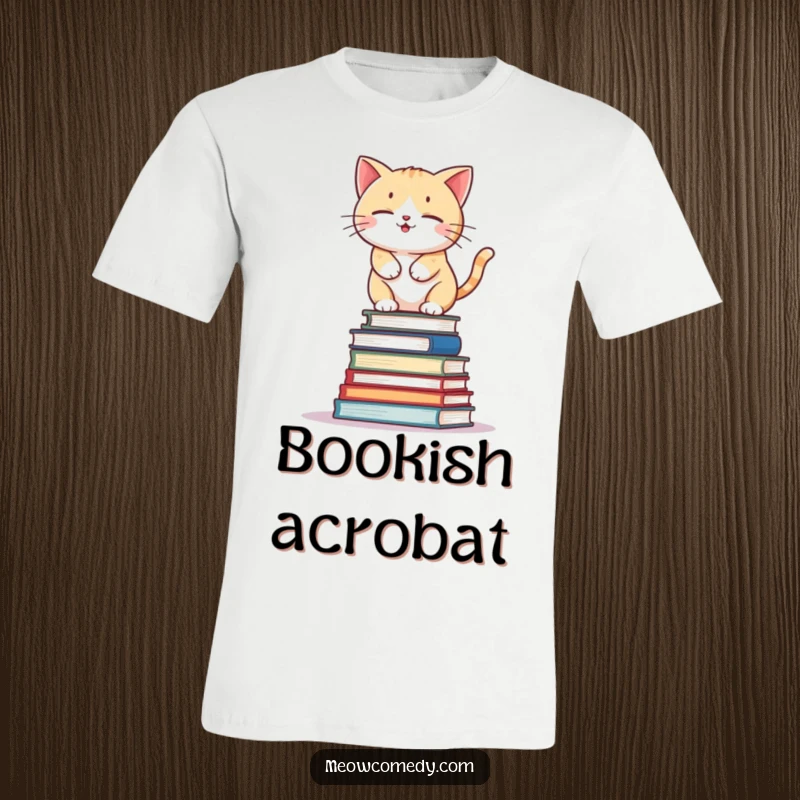 Funny kawaii cat balancing precariously on a wobbly stack of books, humorous and cute t-shirt.