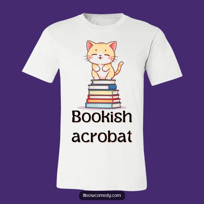 Funny Kawaii Cat Book Stack Tee: Wobbly Kitty Shirt, Hilarious Reader Gift