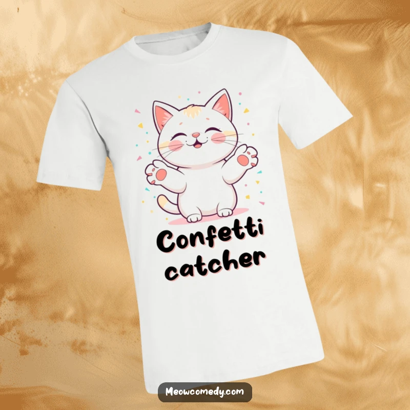 Funny kawaii cat with paws outstretched, catching digital confetti, a vibrant and joyful depiction of celebration on a t-shirt.