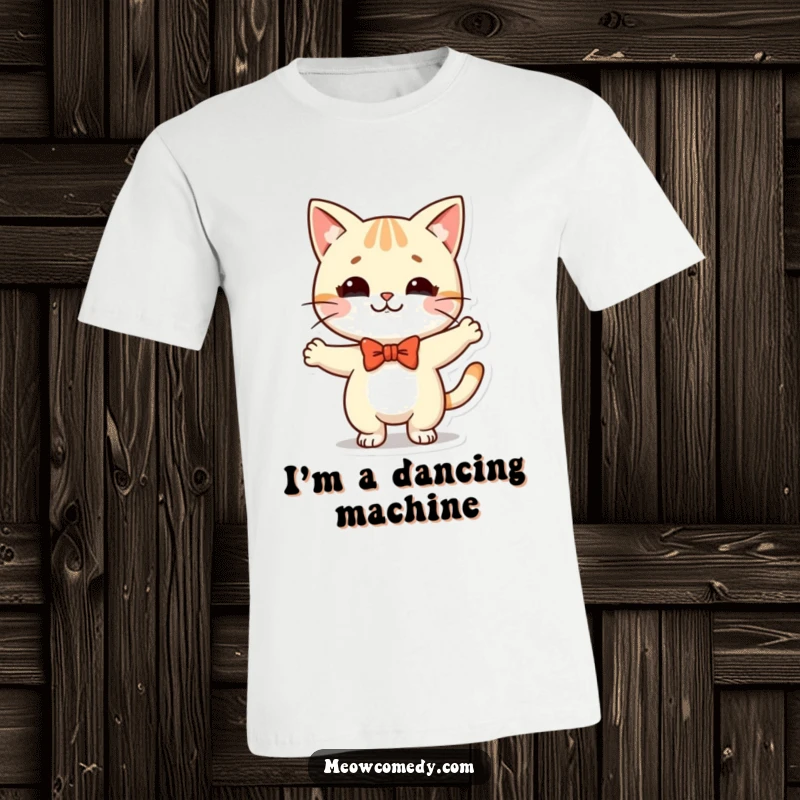 Funny Kawaii Cat T-Shirt: a cute cat character wearing a bow tie, doing a silly, energetic dance, full of life.