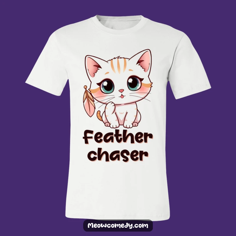 Funny Kawaii Cat Feather Tee: Curious Kitty Play Shirt, Hilarious Cat Gift