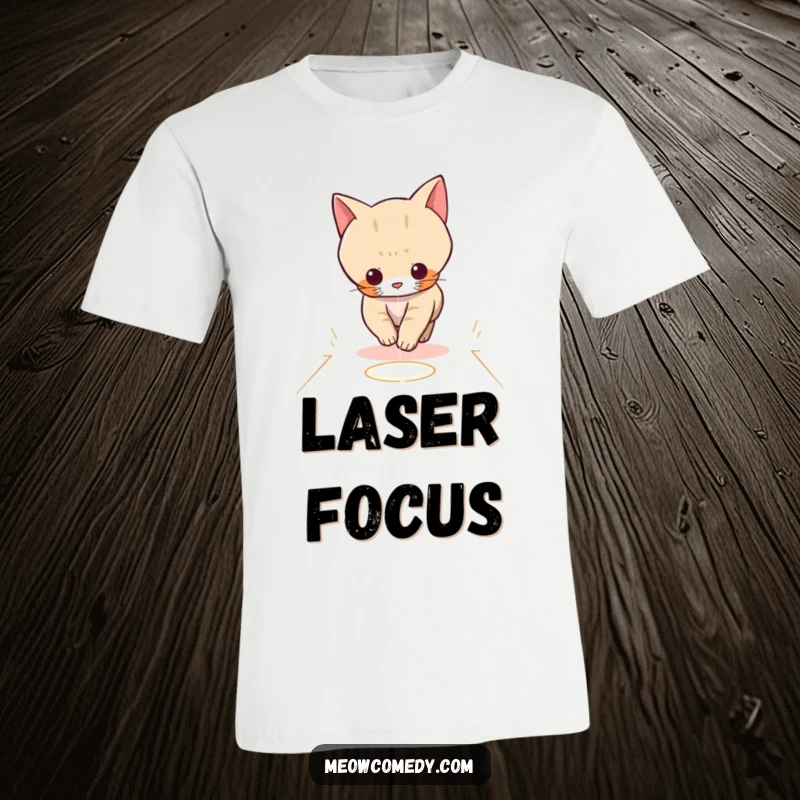 Funny kawaii cat, playfully chasing a red laser dot across a floor, printed on a soft and comfortable t-shirt.