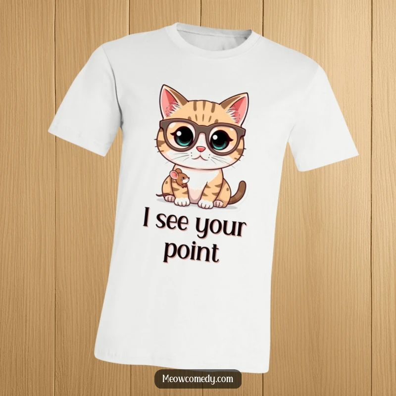 Funny kawaii cat in big glasses looking at a tiny mouse, a humorous t-shirt for cat lovers.