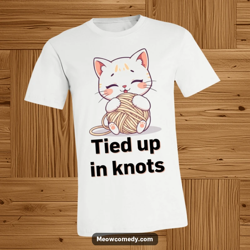 Funny kawaii cat hilariously tangled in a ball of yarn, a humorous and relatable t-shirt.