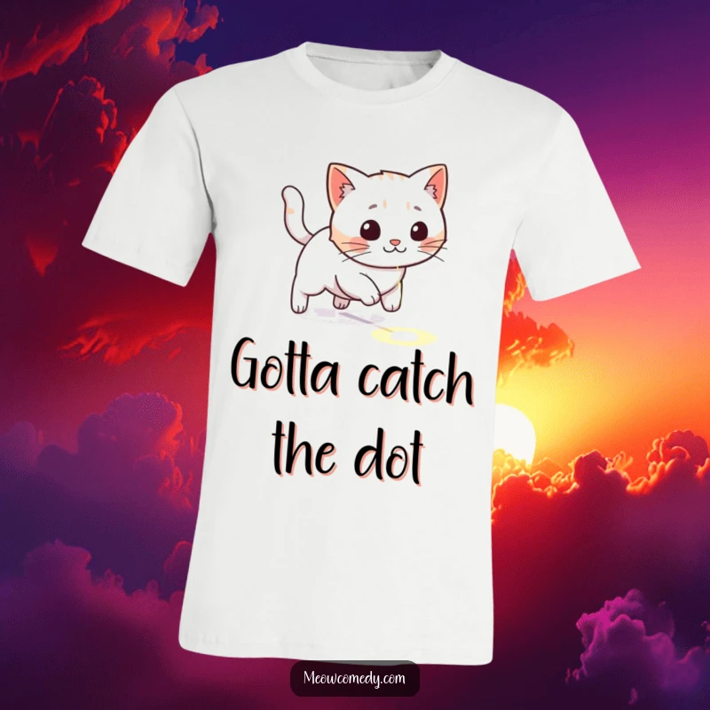 Funny kawaii cat playfully chasing a red laser dot across a floor, energetic and humorous t-shirt design.