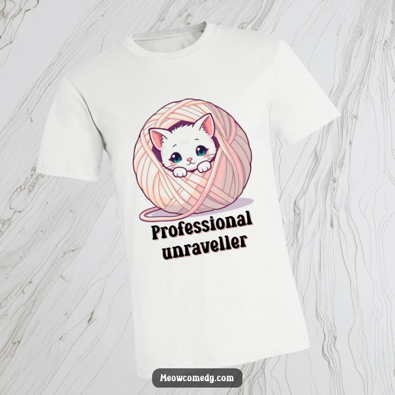 Funny kawaii cat peeking from behind a giant ball of yarn, cute and humorous t-shirt for cat admirers.