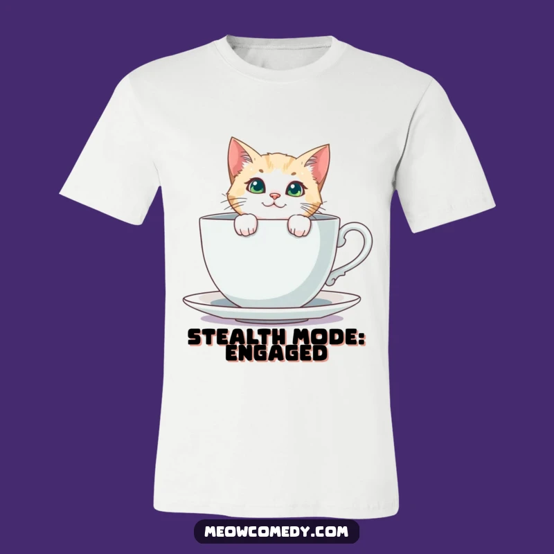 Funny Curious Cat T-Shirt: Teacup Peeking Feline Whimsy Tee Gift