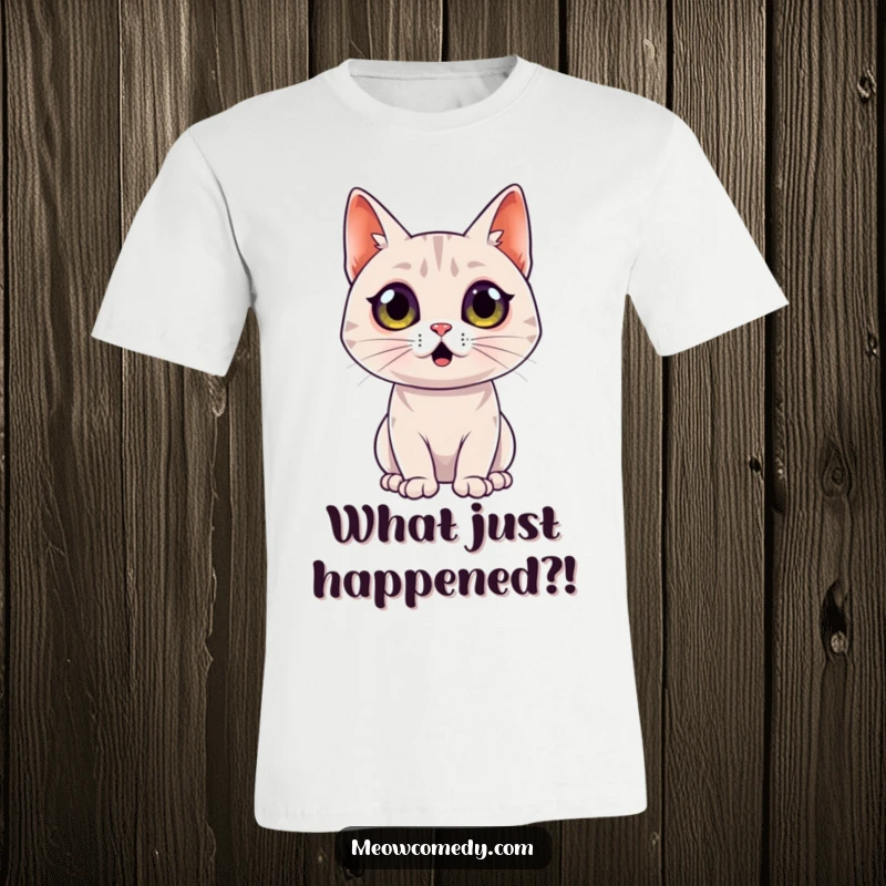 Funny Surprised Cat T-Shirt: A sleek cat displays an exaggerated surprised expression with wide, round eyes, showcasing feline humor.