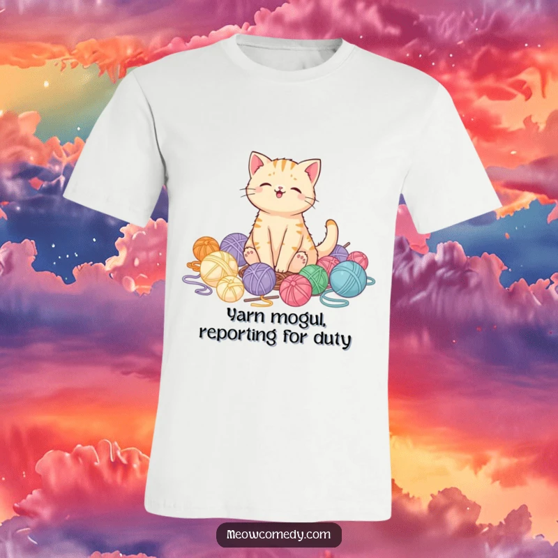Funny kawaii cat sitting contentedly in a mountain of yarn balls, wearing a pleased expression, funny cat gift shirt.