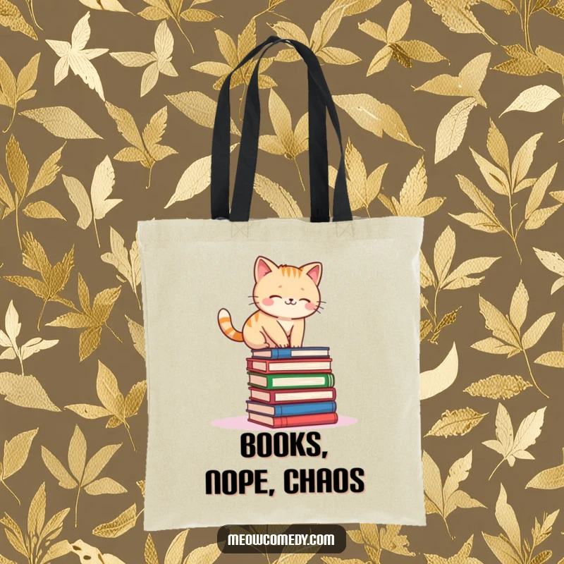 Funny kawaii cat precariously balancing on a stack of books, a whimsical and humorous tote bag design.