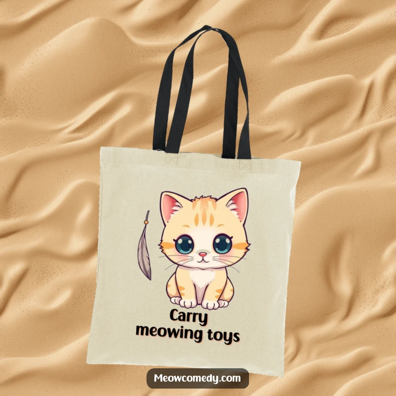 Funny kawaii cat with wide eyes, batting at a dangling feather, a whimsical and functional tote bag.