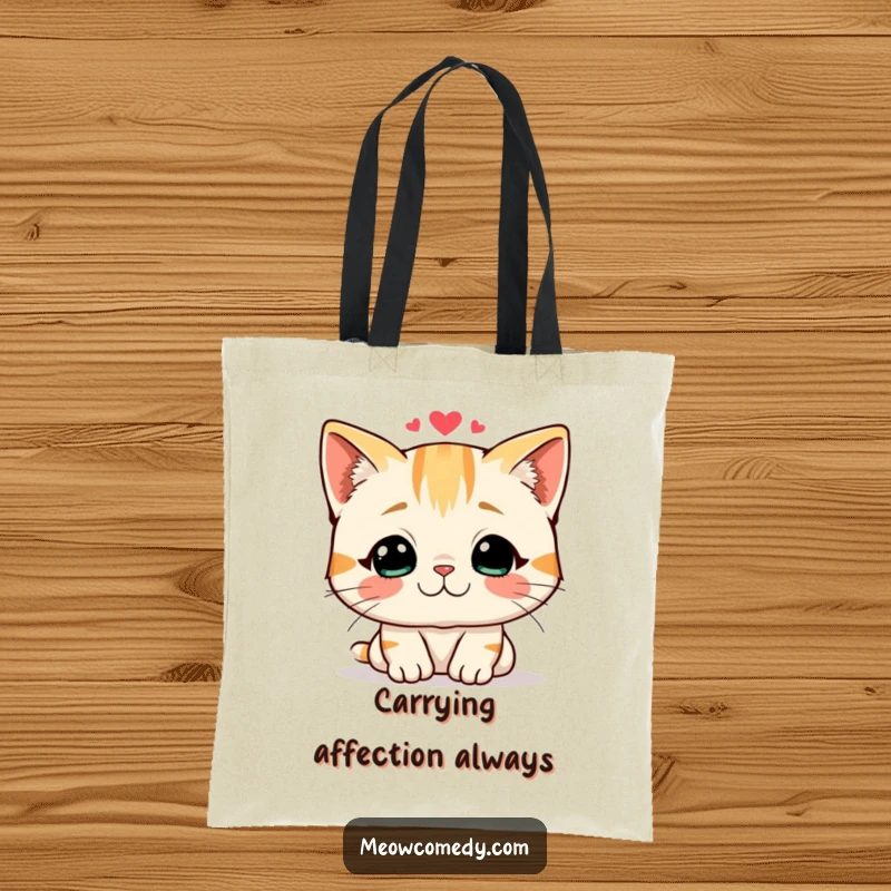 Funny tote bag showing a friendly cat giving a gentle headbutt, representing love and warmth.