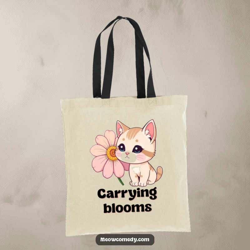 Funny Cat Tote Bag showing a curious cat with its nose close to a large, vividly colored flower.