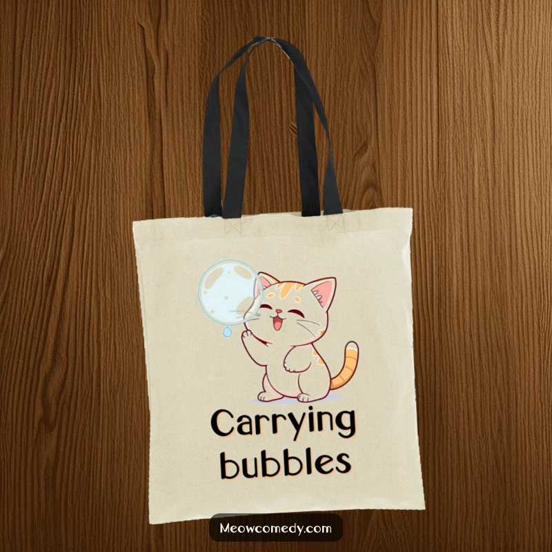 Funny Kawaii Cat Tote Bag: Cartoon cat batting at a bubble, a fun and practical accessory.