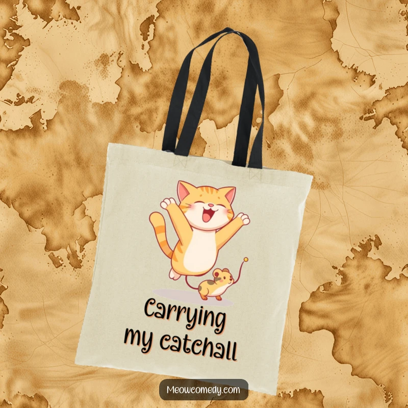 Funny tote bag illustration of a cat leaping joyfully to catch a toy mouse, ideal for errands and fun outings.