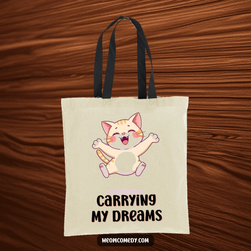 Funny graceful cat leap tote bag, mid-air with elegant paws, practical and stylish, carrying joy and feline charm.