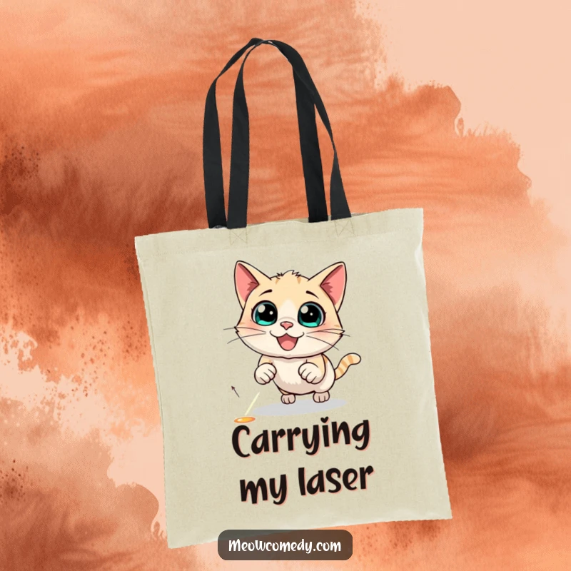 Funny Cat Tote Bag illustrating a black cat's determined pursuit of a tiny, bright red laser pointer dot.