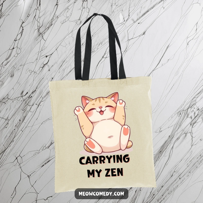 Funny tote bag featuring a happy cat rolling on its back, sighing contentedly and showing its tummy, perfect for everyday joy.