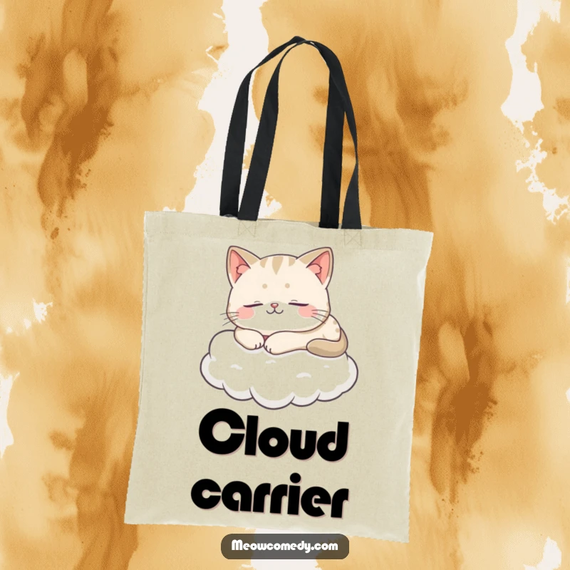 Funny Cat Tote Bag depicting a serene cat peacefully napping on a soft, white cloud with eyes closed.