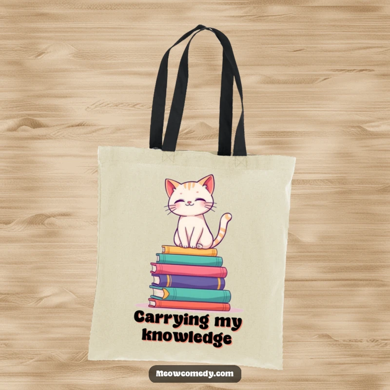 Funny tote bag illustrating a cat elegantly balancing on a tall stack of colorful books, perfect for library outings.