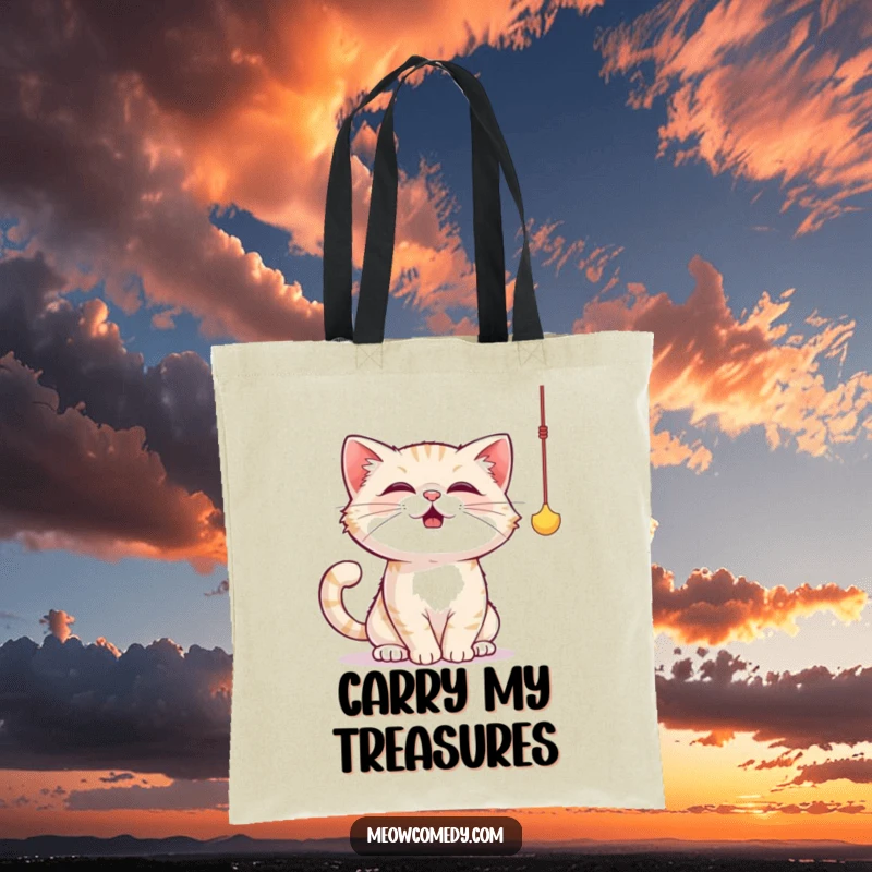 Funny cat tote bag depicting a cat joyfully batting at a dangling string toy with its paws, full of playful energy.