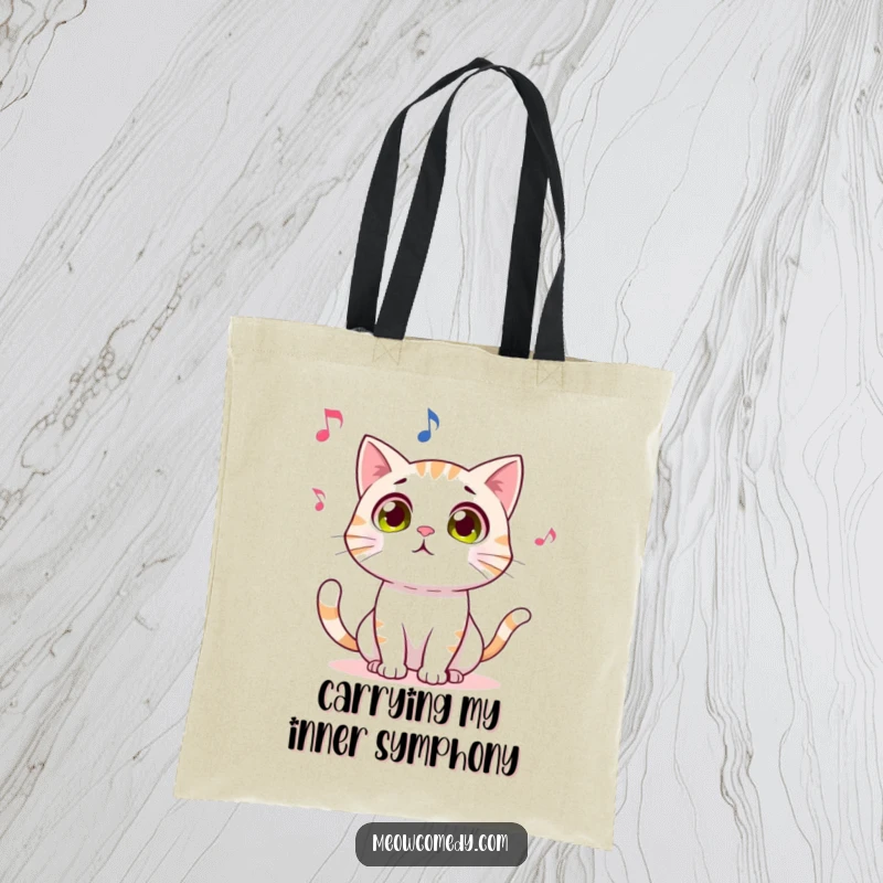 Funny tote bag featuring a wide-eyed, astonished cat observing a playful dancing musical note, embodying sweet, innocent curiosity.