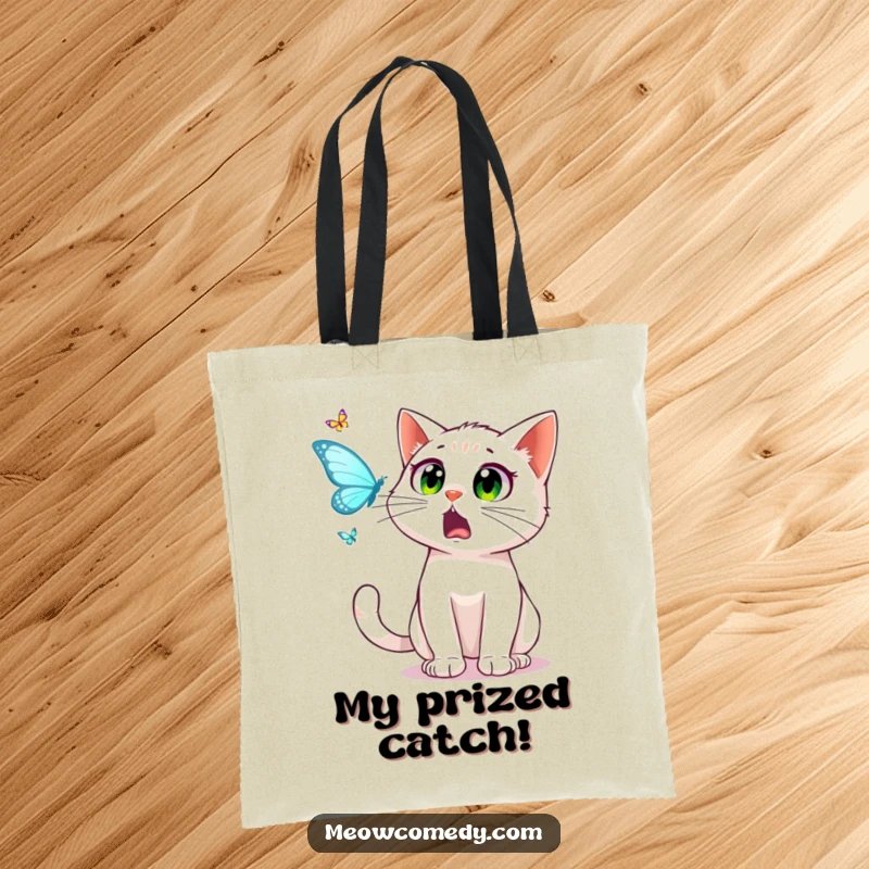 Funny surprised cat with wide, startled eyes, watching a dancing butterfly, on a durable tote bag, ideal humorous accessory.