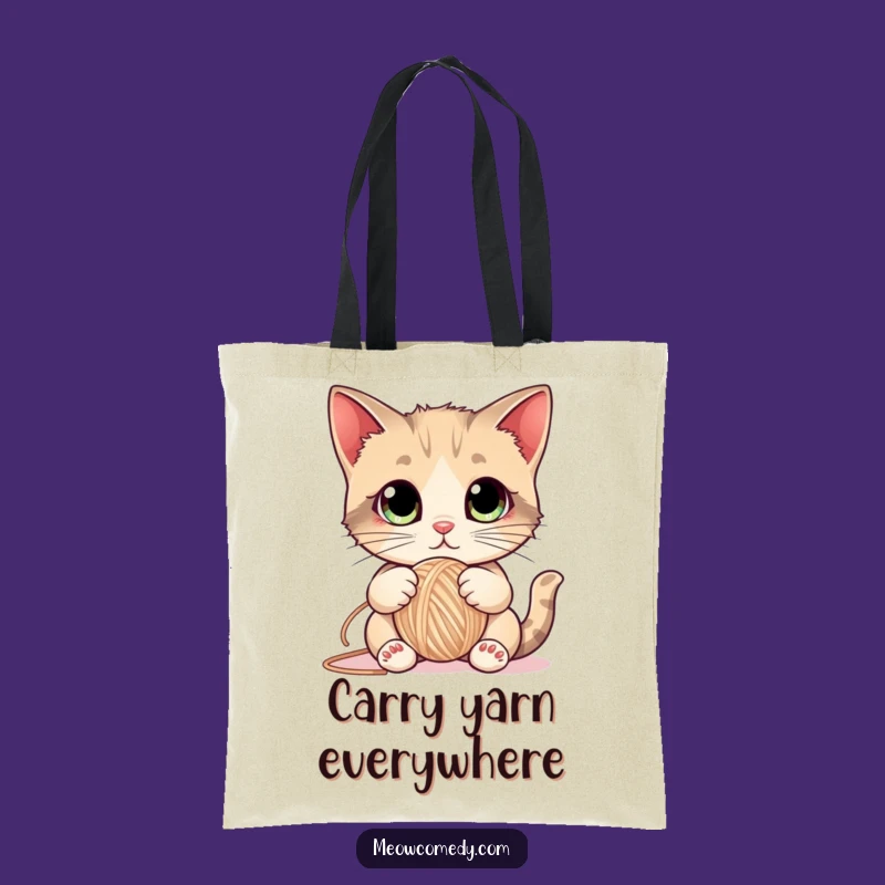 Funny Cat Yarn Tote Bag - Carry Your Playfulness with Big Eyed Kitten Art
