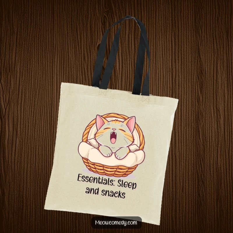 Funny tote bag with a stylized basket and a cat in the middle of a huge, sleepy yawn, ideal for everyday use.